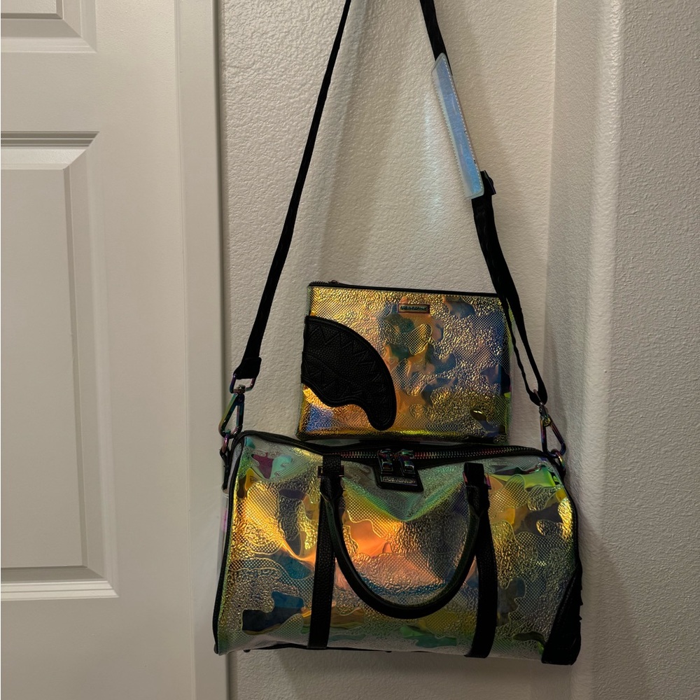 Sprayground mini duffle bag and pouch.